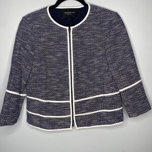 LAFAYETTE 148 NEW YORK Navy White Textured Collarless‎ Zipper Jacket Tweed P
